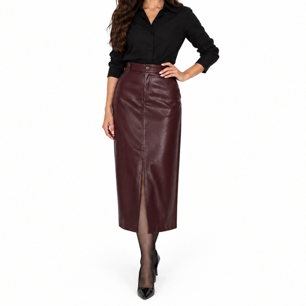 Sienna | Women's Split Front Midi Skirt – Leather Look Skirt