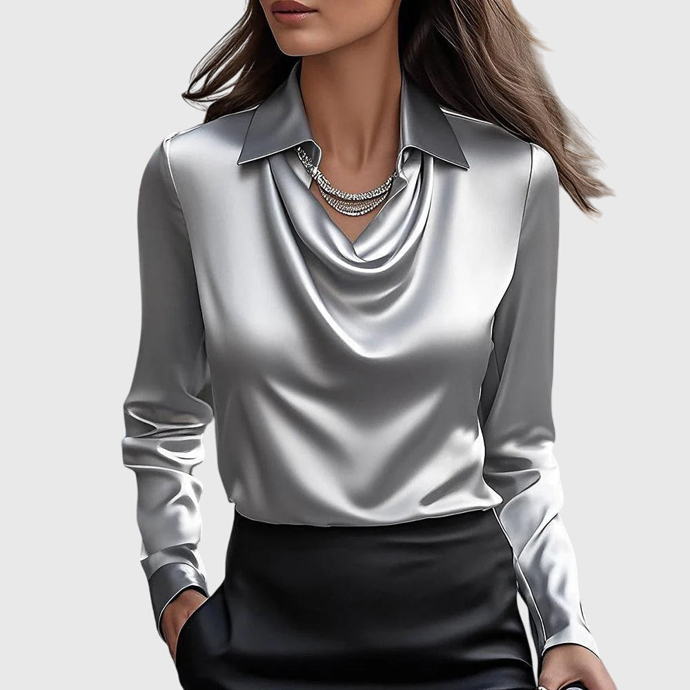 Kaia | Women's Draped Neck Long Sleeve Blouse – Silver