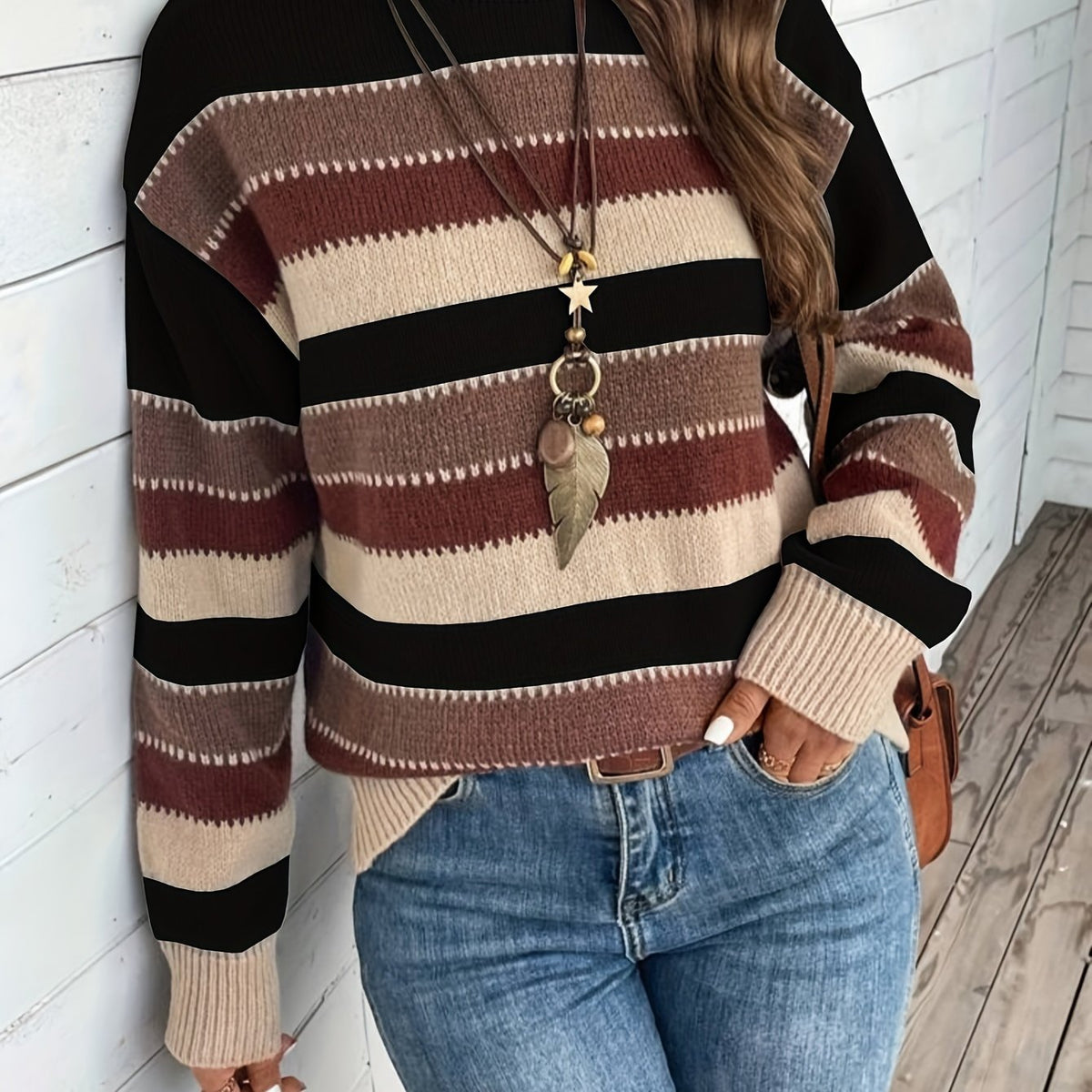 Nina | Women's Striped Round Neck Sweater – Black