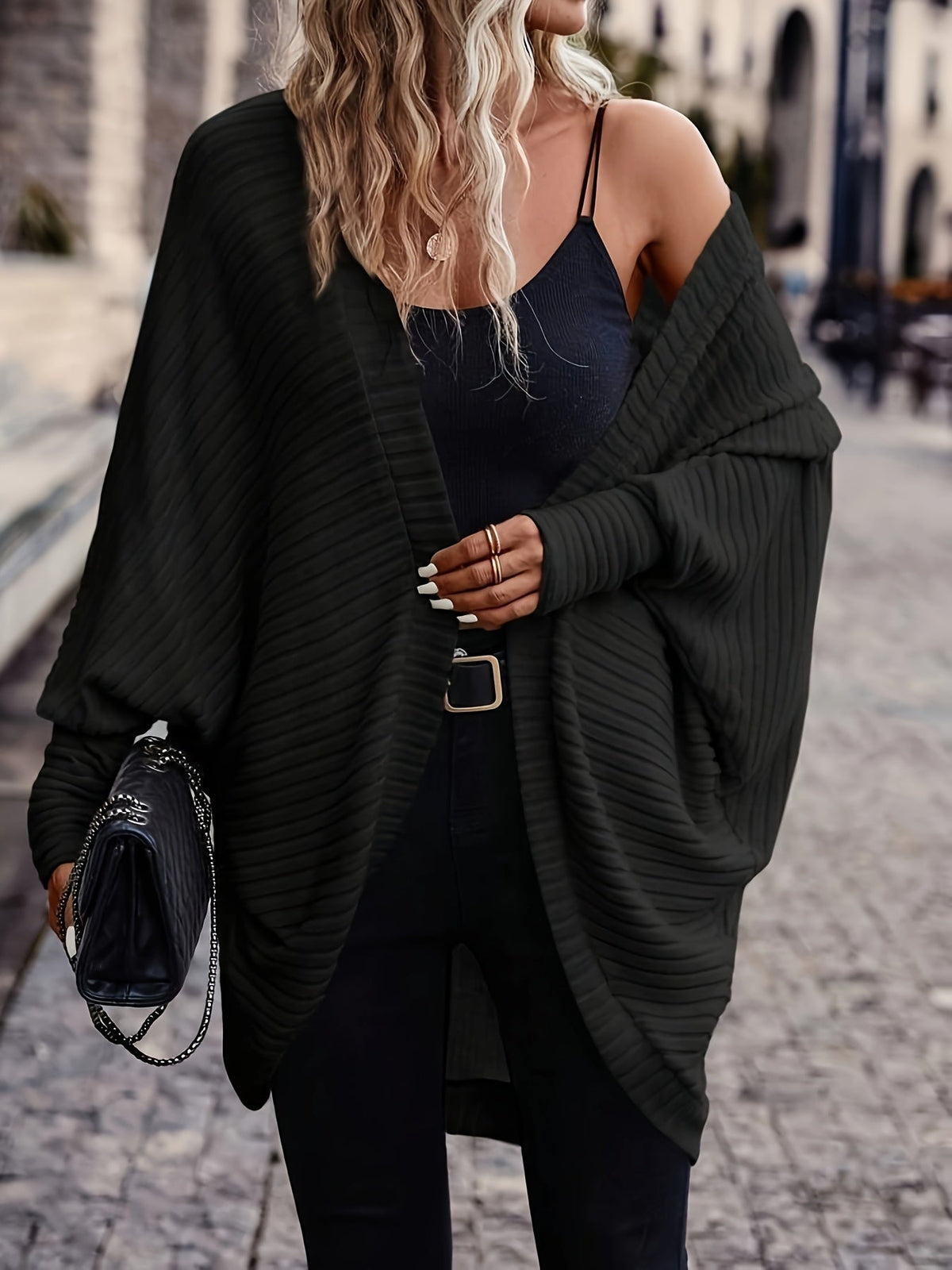 Isla | Women's Ribbed Open Front Cardigan Sweater – Black