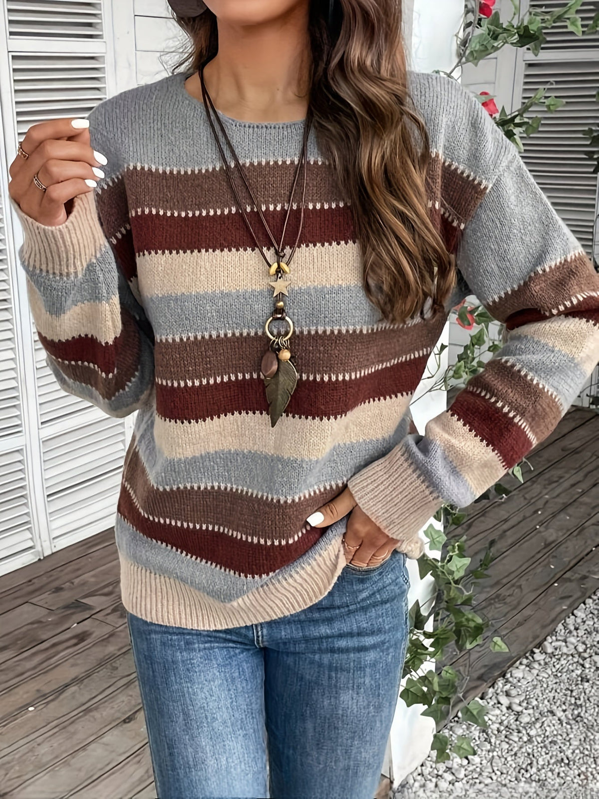 Nina | Women's Striped Round Neck Knit Sweater – Loose Fit Pullover