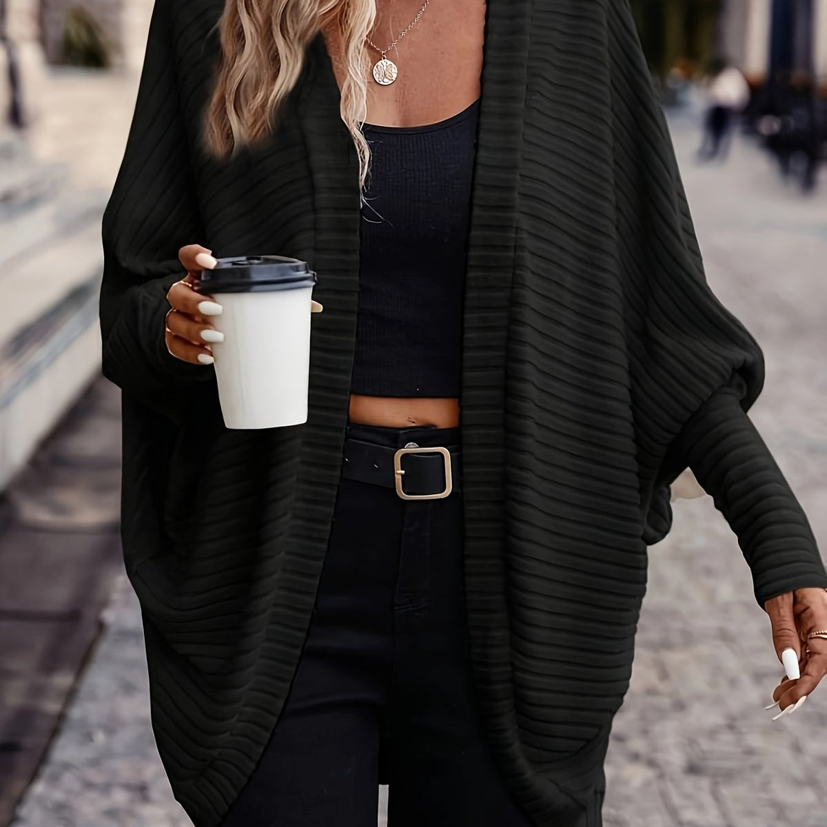 Isla | Women's Ribbed Open Front Cardigan Sweater – Black