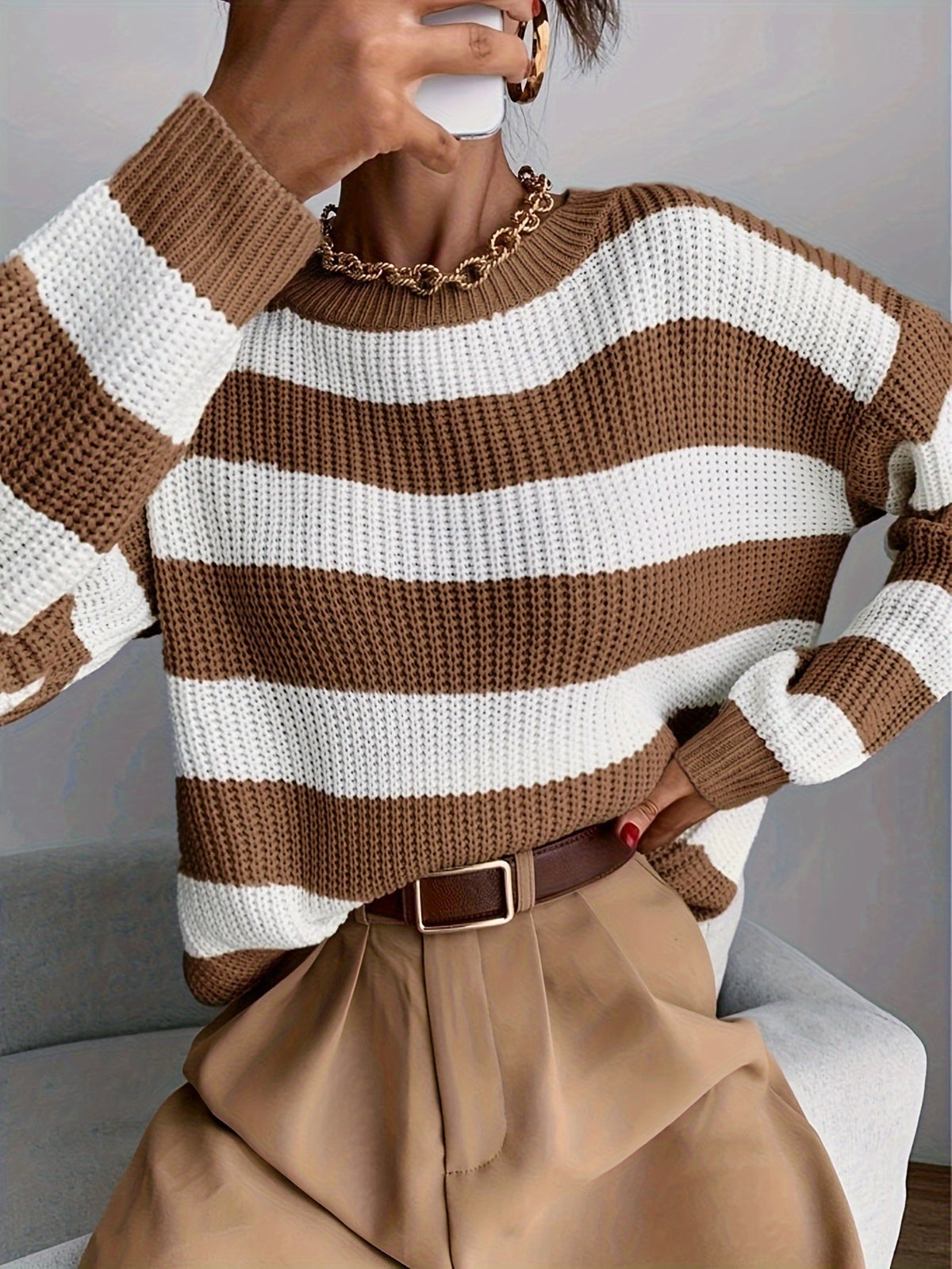 Livia | Women's Striped Knit Sweater – Drop Shoulder Relaxed Pullover
