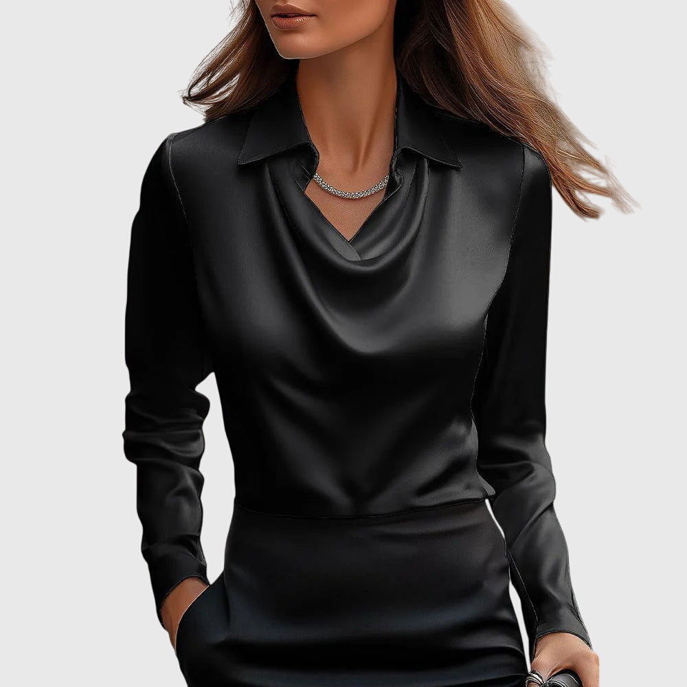 Kaia | Women's Draped Neck Long Sleeve Blouse – Black