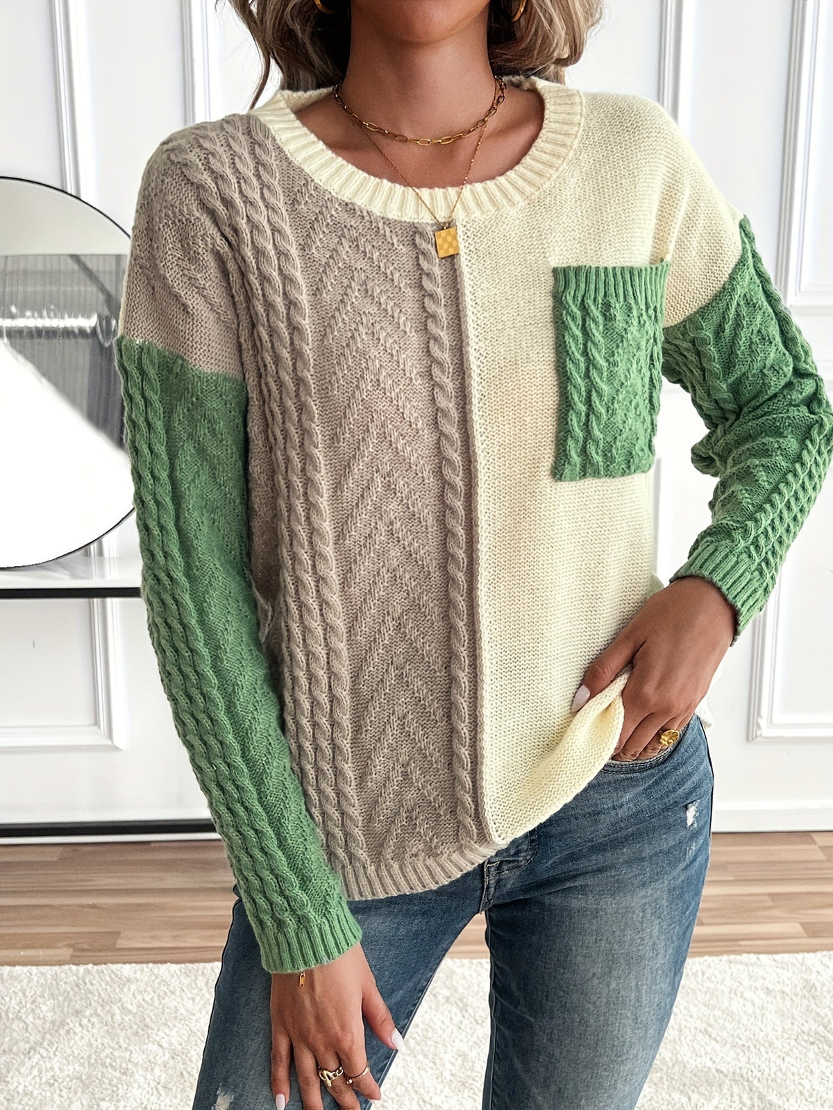 Celia | Women's Cable Knit Sweater – Soft Color Block Pullover