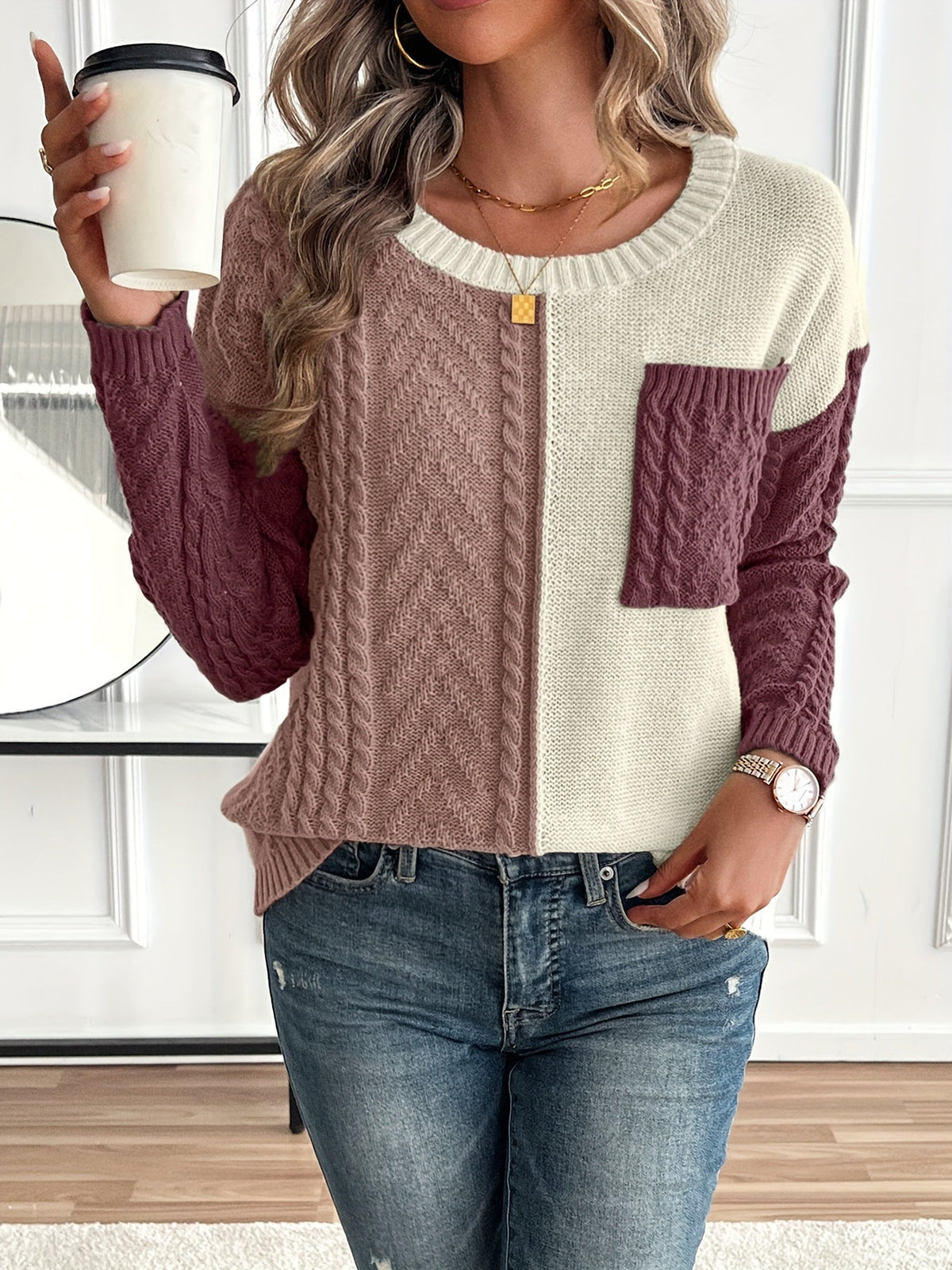 Celia | Women's Cable Knit Sweater – Soft Color Block Pullover