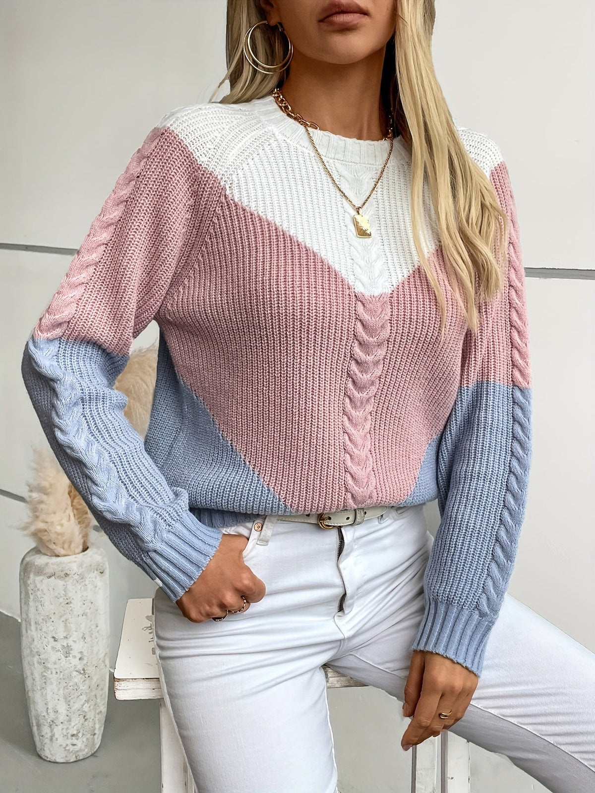 Brenna | Women's Colorblock Knit Sweater – Relaxed Crew Neck Pullover