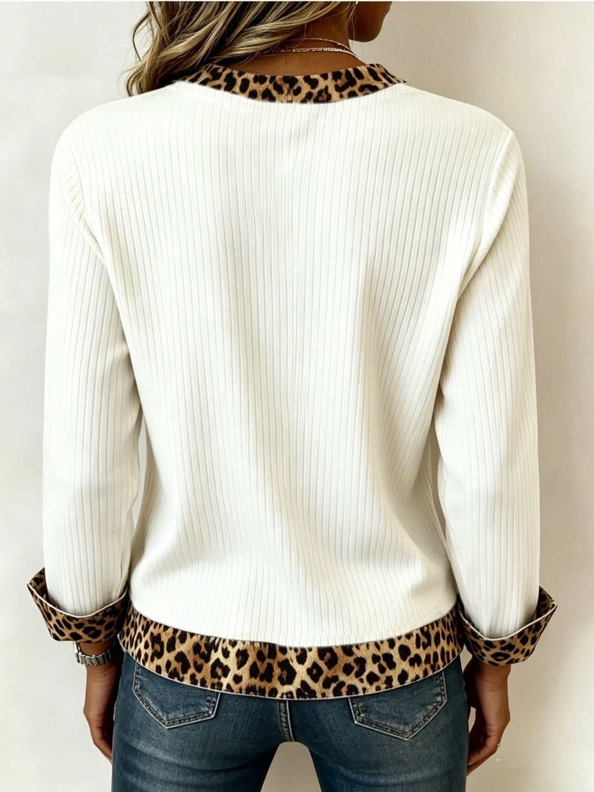 Lucy | Women's Ribbed V-Neck Knit Top – Animal Print Trim Top