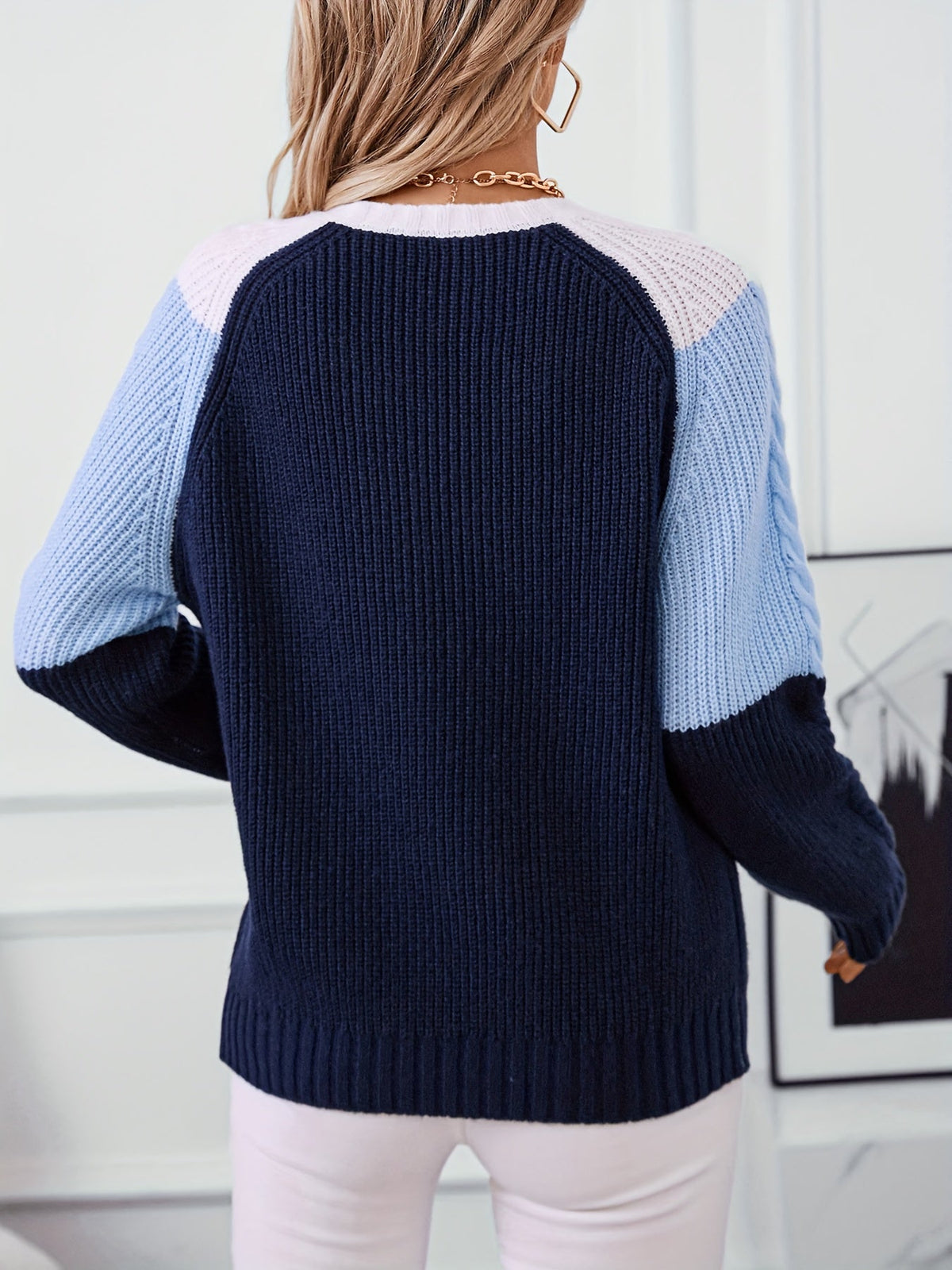 Brenna | Women's Colorblock Knit Sweater – Relaxed Crew Neck Pullover