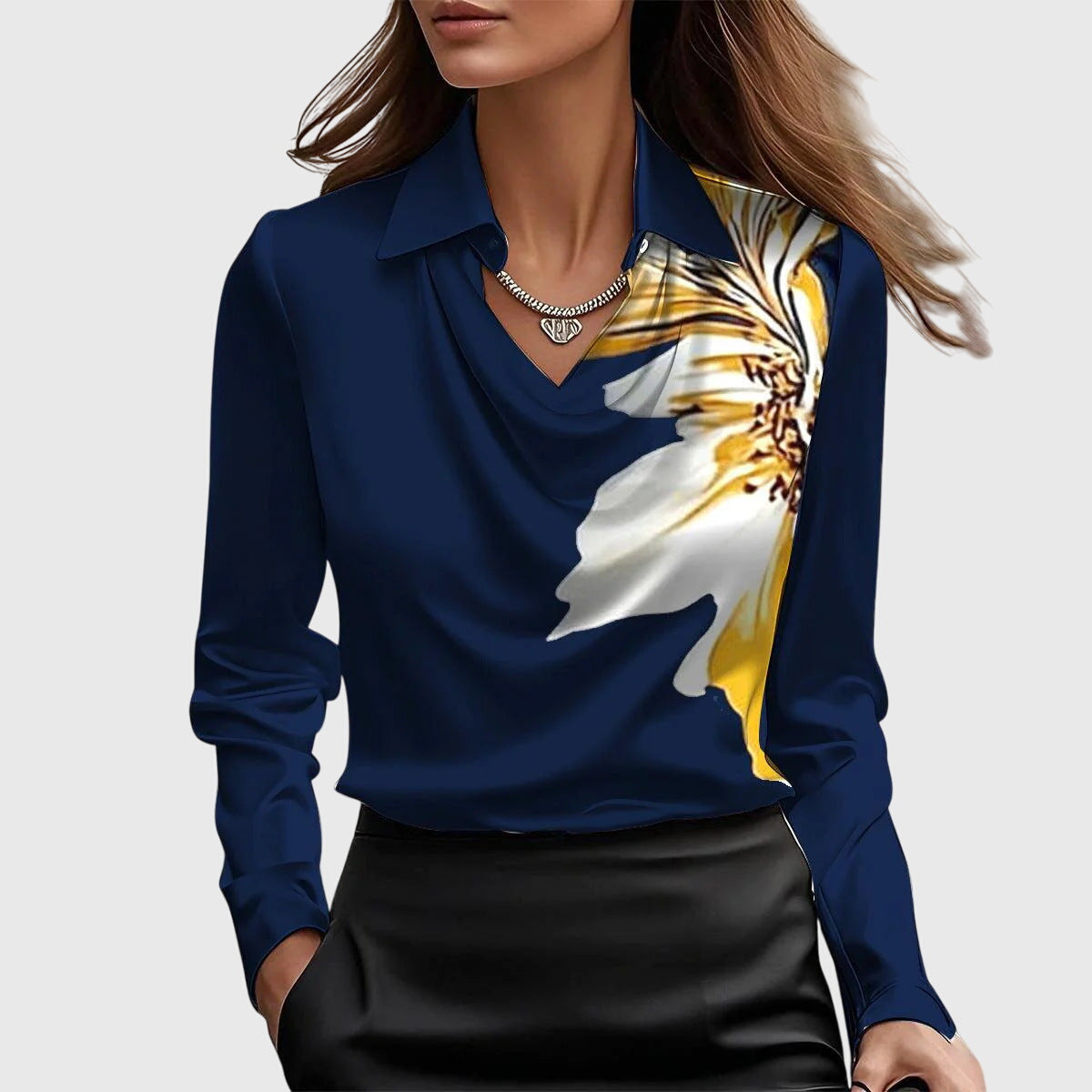 Kaia | Women's Draped Neck Long Sleeve Blouse – Dark Blue