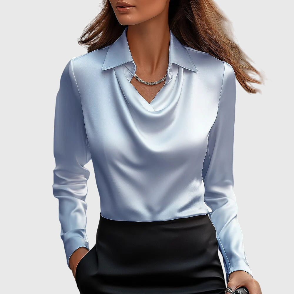 Kaia | Women's Draped Neck Long Sleeve Blouse – Light Blue