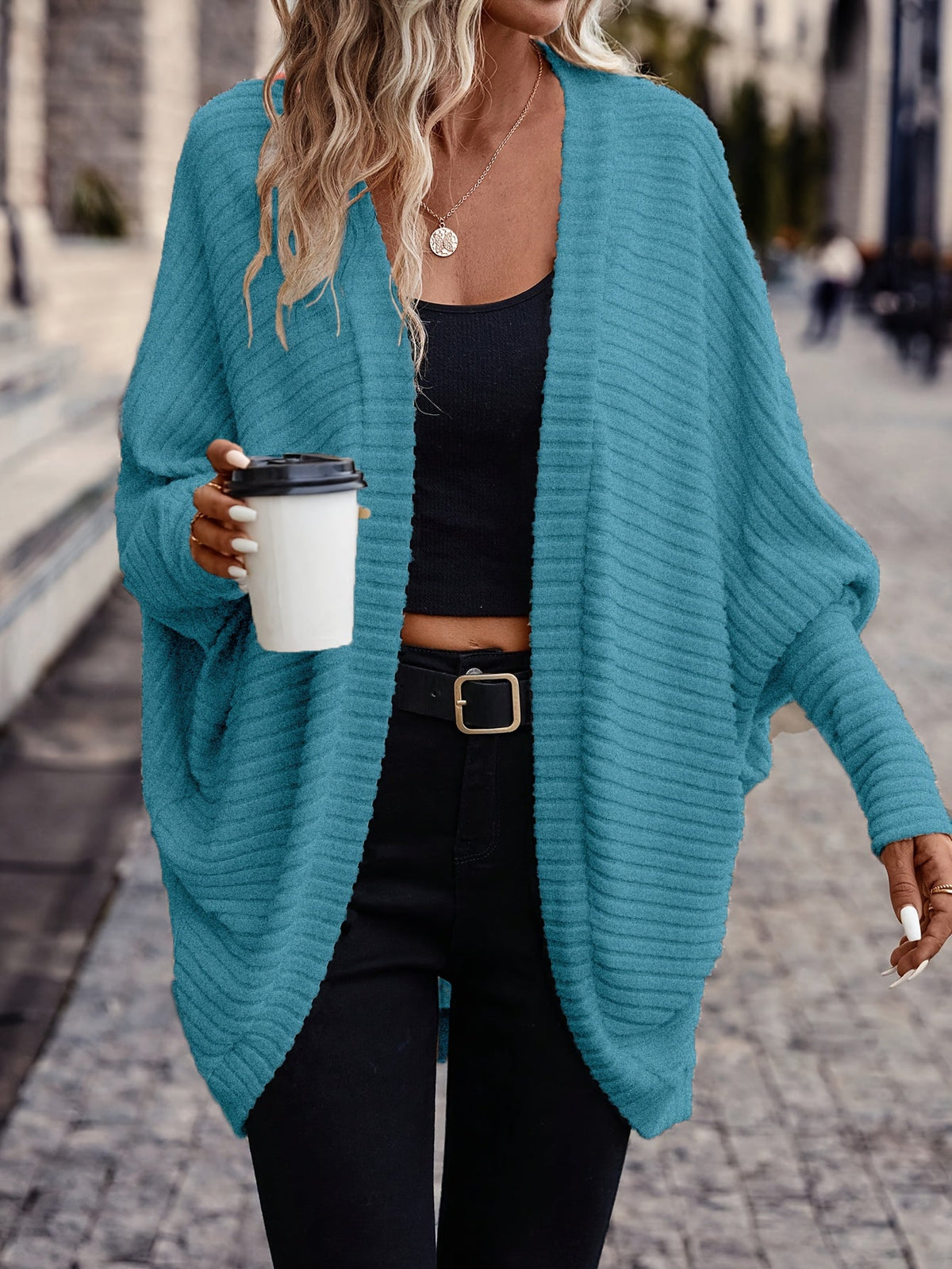 Isla | Women's Ribbed Open Front Cardigan Sweater – Peacock Blue