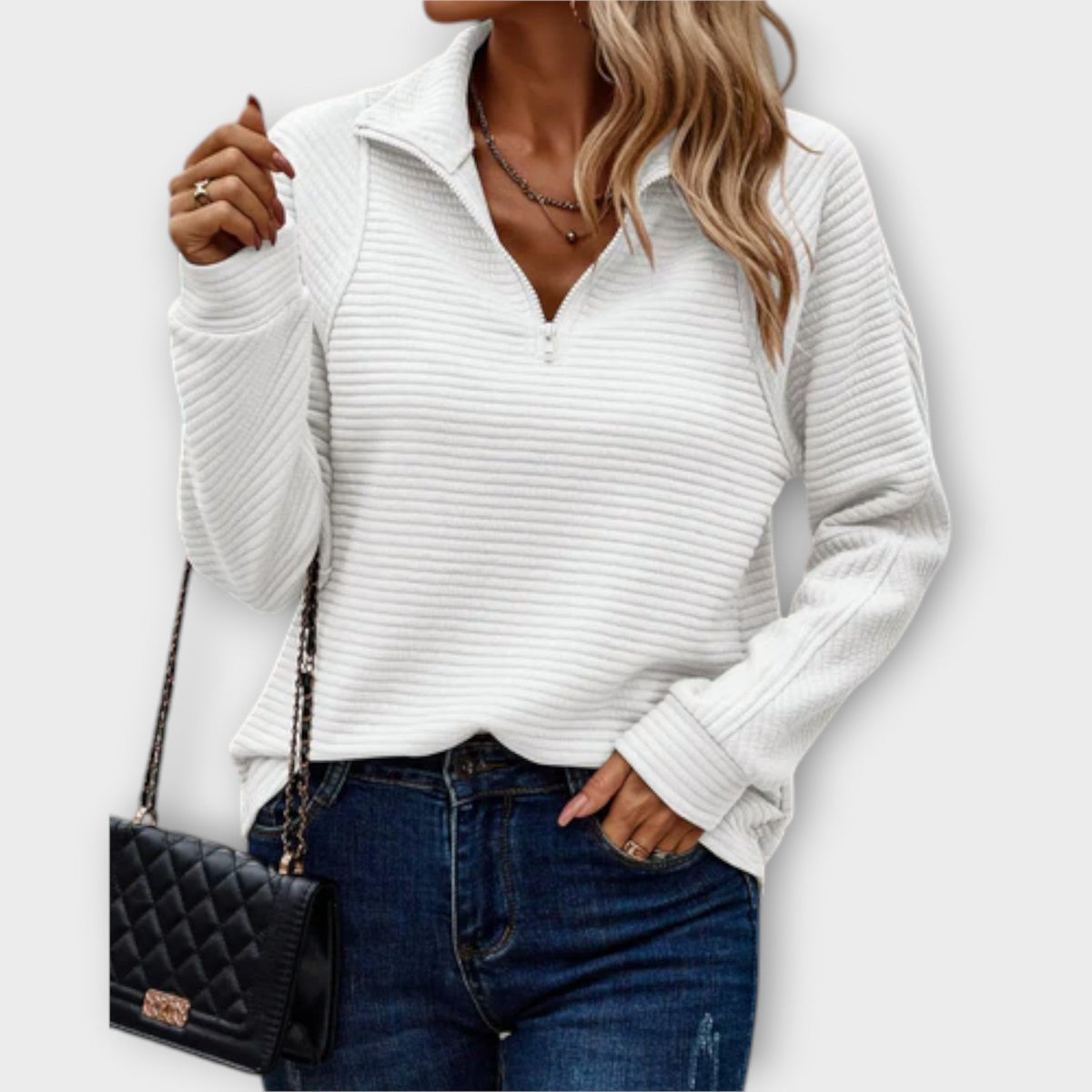 Daisy | Women's V-Neck Quarter Zip Sweater – White
