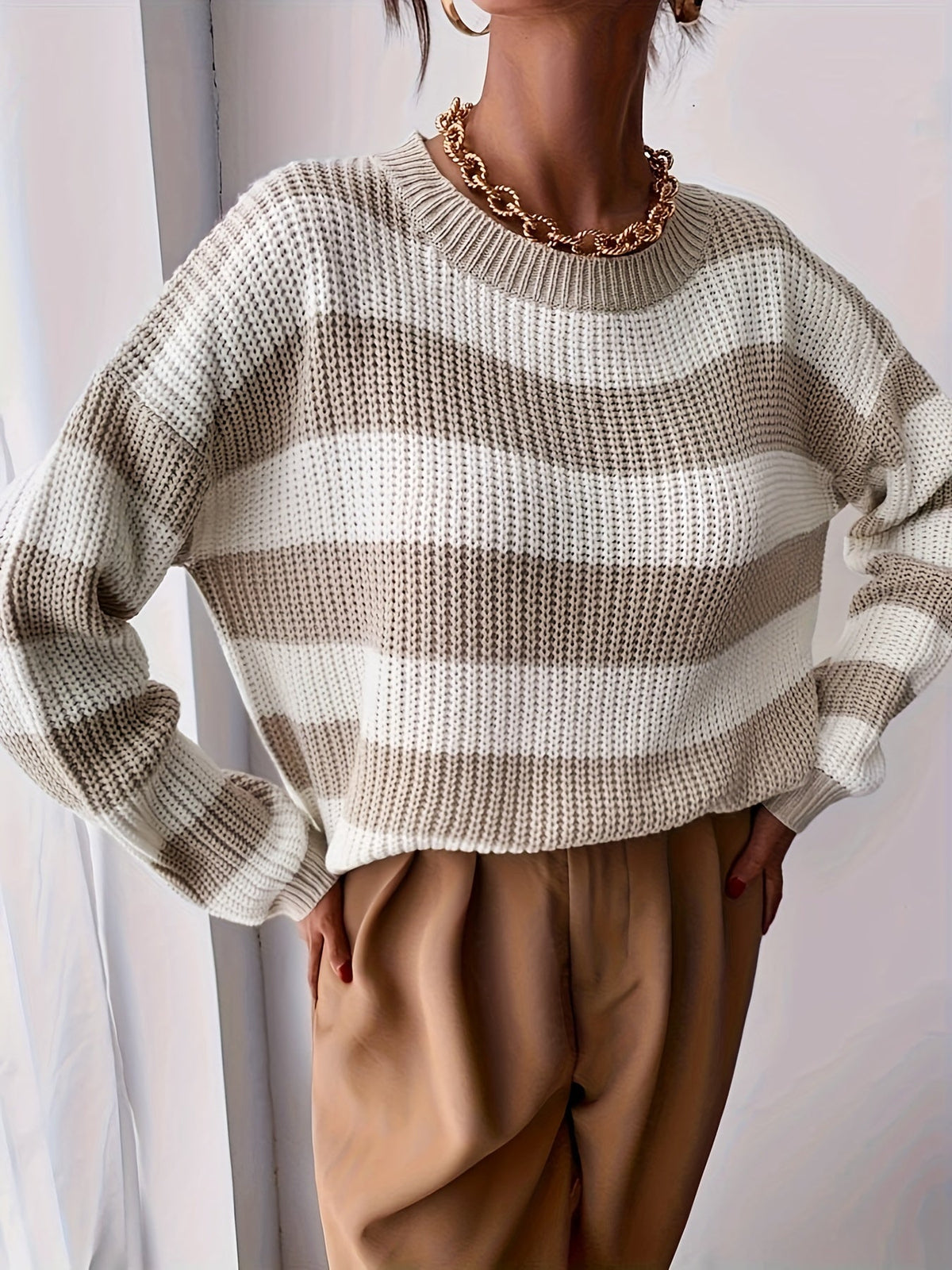 Livia | Women's Striped Knit Sweater – Drop Shoulder Relaxed Pullover