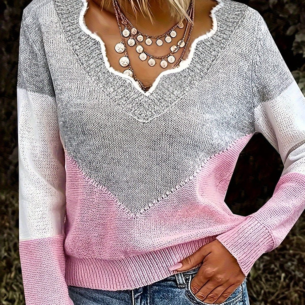 Lena | Women's V-Neck Colorblock Knit Sweater – Pink
