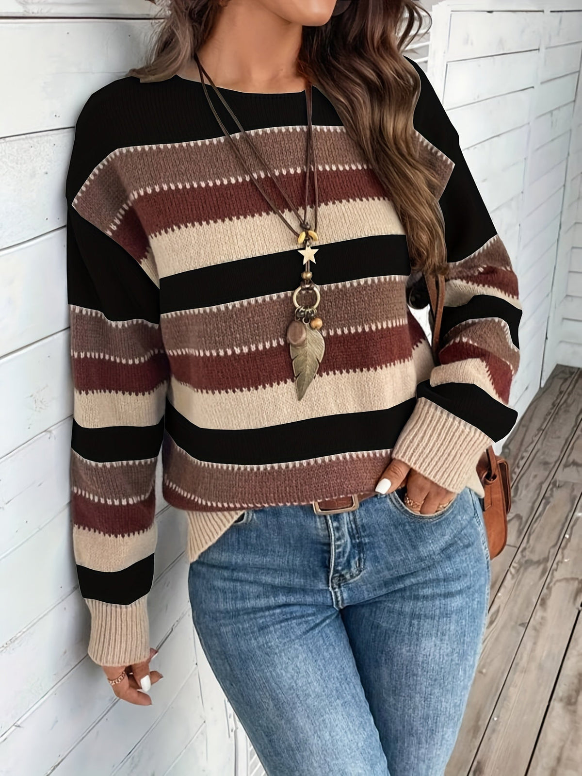 Nina | Women's Striped Round Neck Knit Sweater – Loose Fit Pullover
