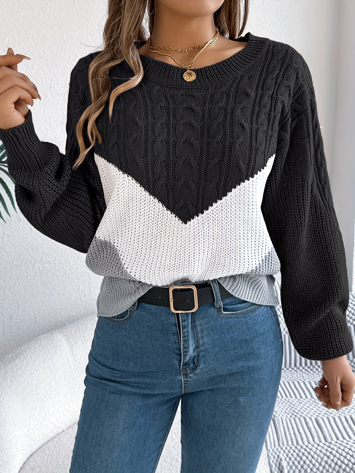 Bianca | Women's Color Block Knit Sweater – Crew Neck Pullover