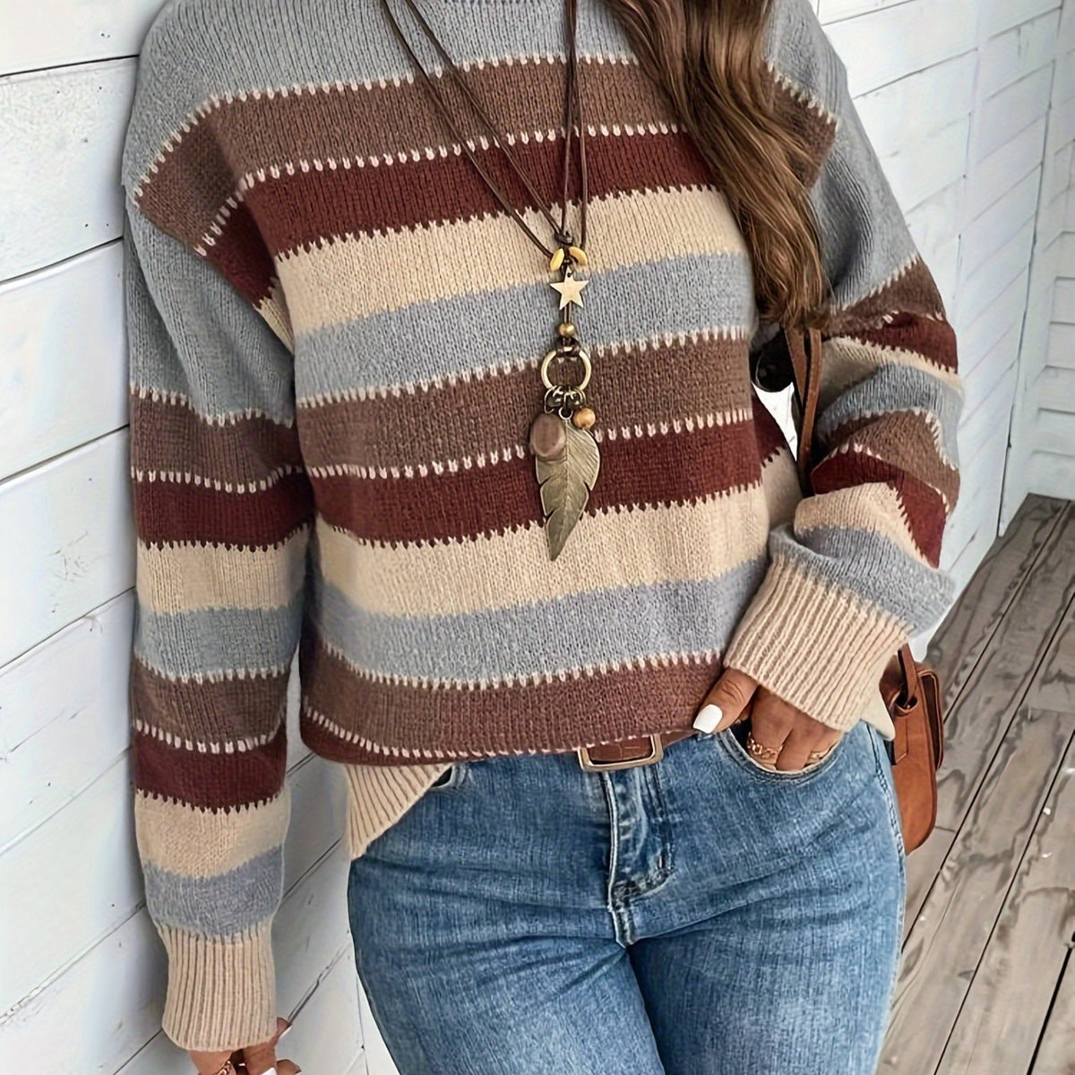Nina | Women's Striped Round Neck Sweater – Grey & Brown