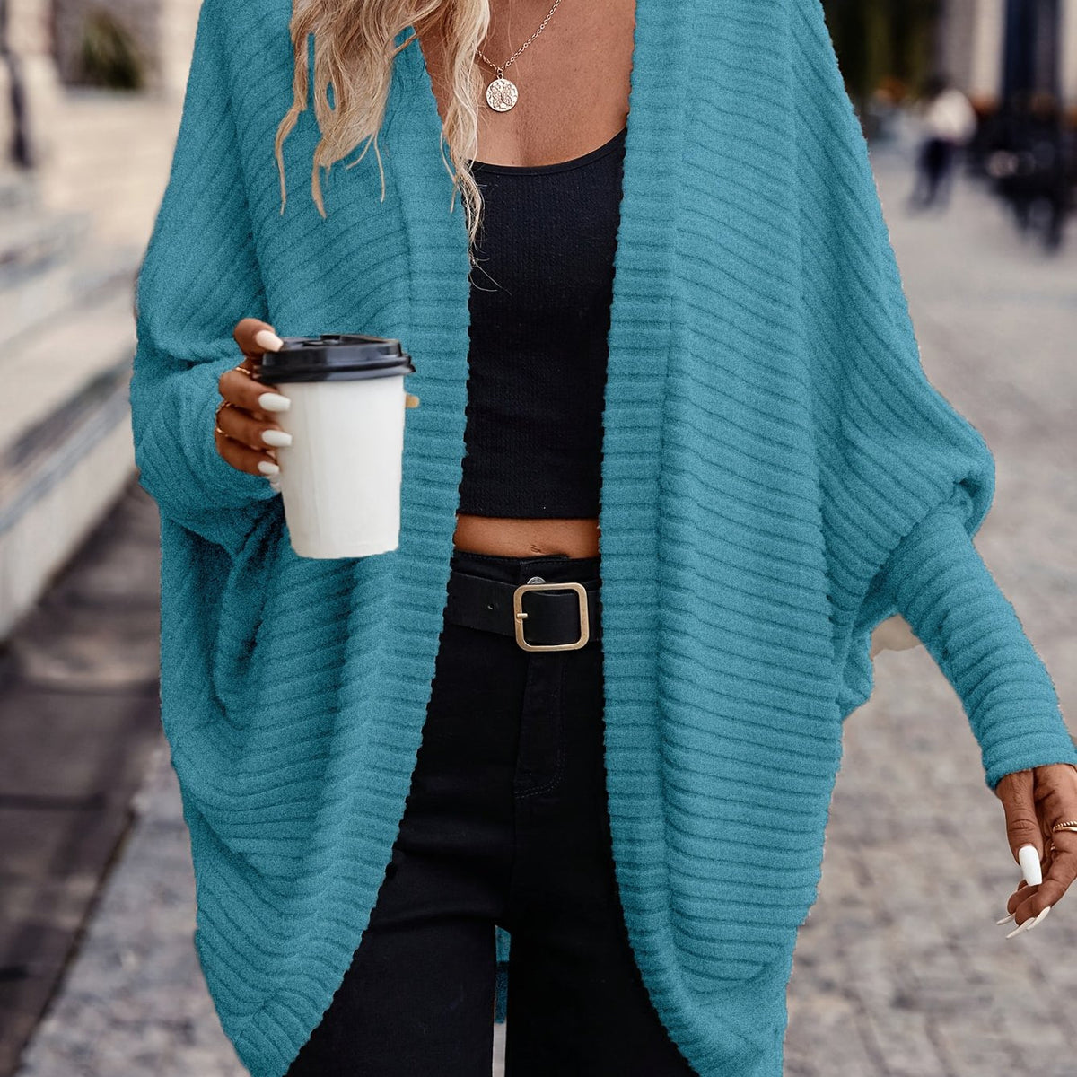 Isla | Women's Ribbed Open Front Cardigan Sweater – Peacock Blue