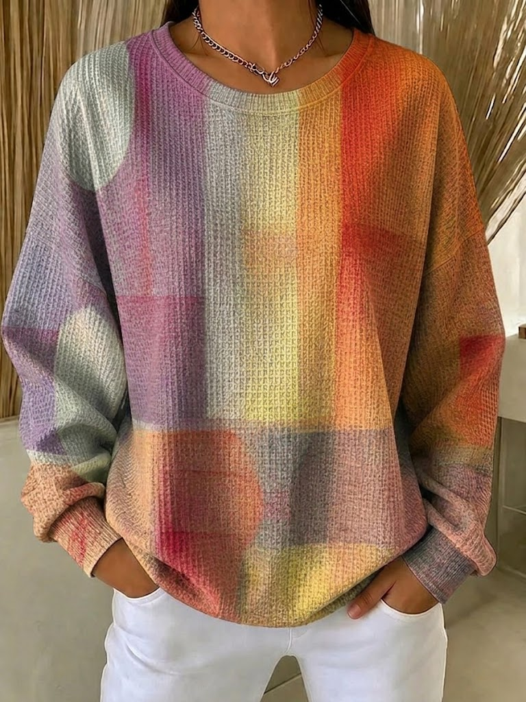 Tamsin | Women's Waffle Knit Gradient Check Sweatshirt – Relaxed Pullover
