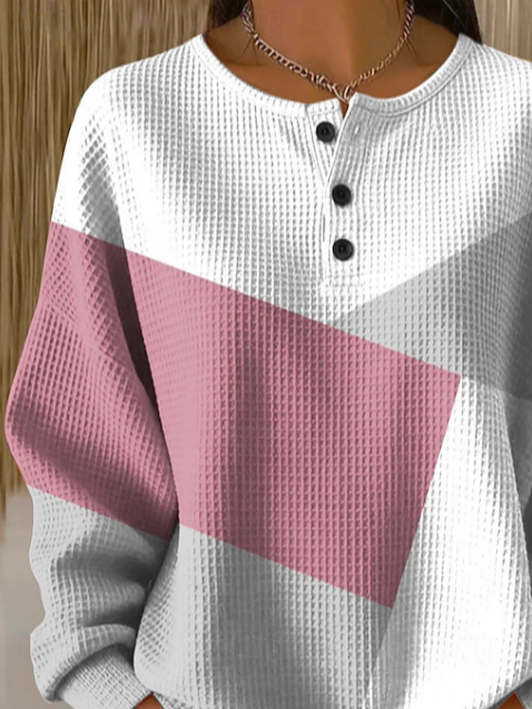 Elsie | Women's Chevron Waffle Henley Sweatshirt – Blush Colour Block Knit Top