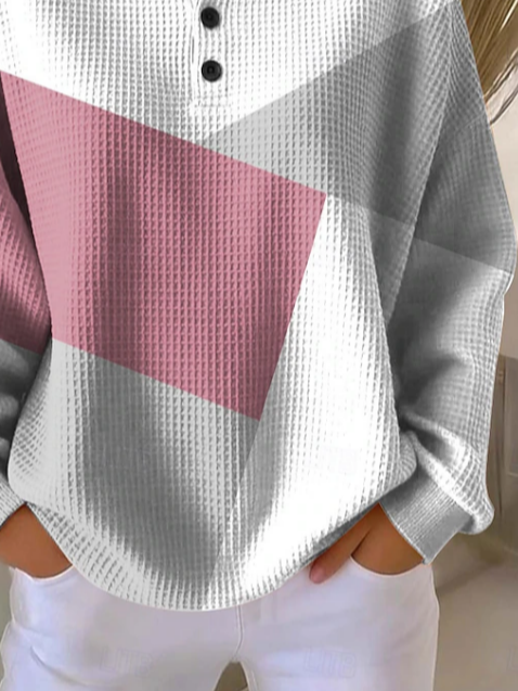 Elsie | Women's Chevron Waffle Henley Sweatshirt – Blush Colour Block Knit Top