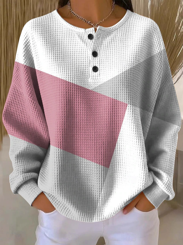 Elsie | Women's Chevron Waffle Henley Sweatshirt – Pink