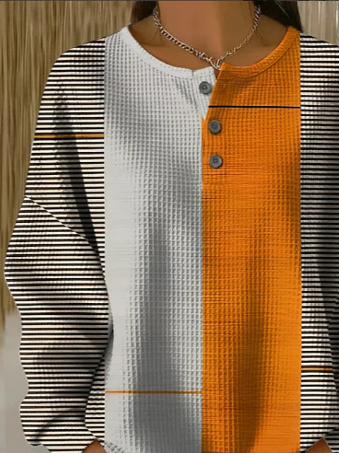 Rhea | Women's Color Block Henley Sweatshirt – Striped Waffle Knit Pullover