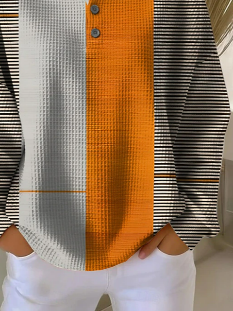 Rhea | Women's Color Block Henley Sweatshirt – Striped Waffle Knit Pullover