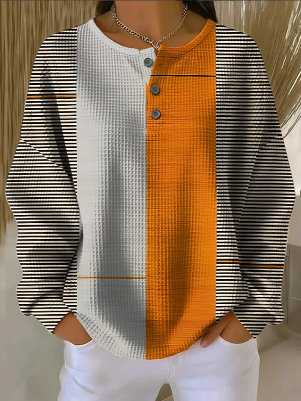Rhea | Women's Color Block Henley Sweatshirt – Striped Waffle Knit Pullover