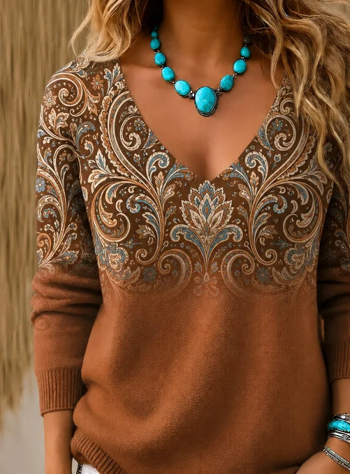Hazel | Women's Vintage Floral Knit Sweater – Relaxed V Neck Pullover