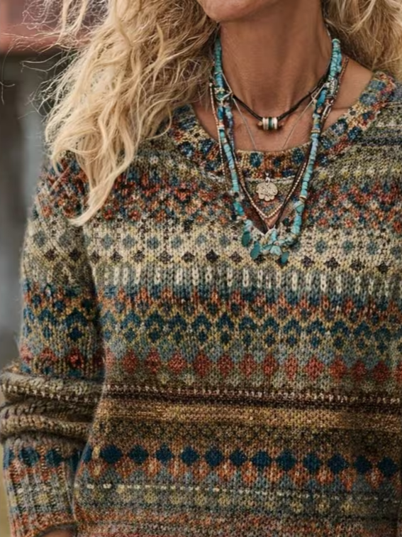 Rhea | Women's Boho Print Knit Sweater – Relaxed Fit Pullover