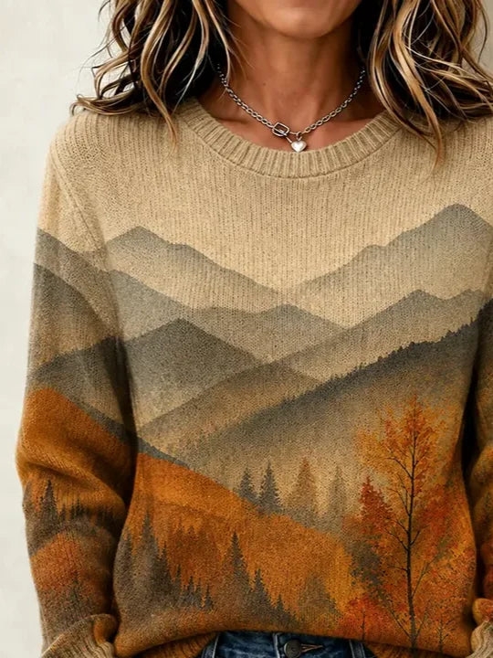 Rose | Women's Mountain Print Knit Sweater – Relaxed Landscape Pullover