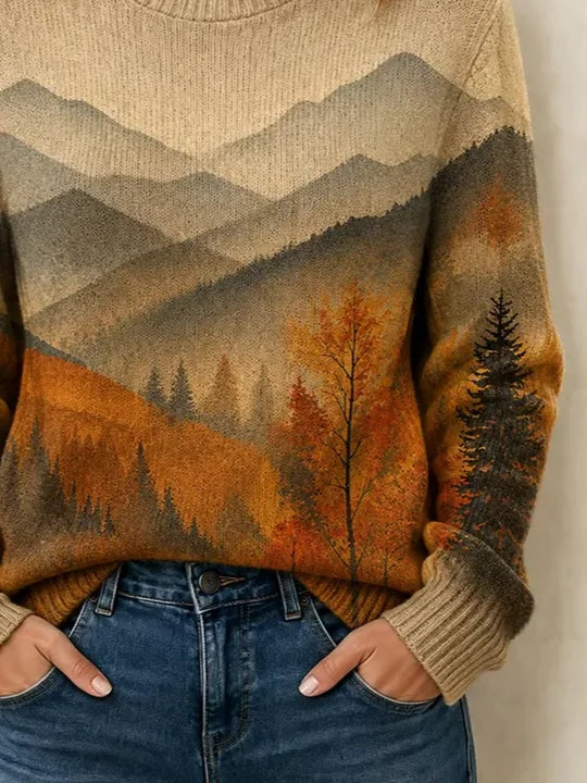 Rose | Women's Mountain Print Knit Sweater – Relaxed Landscape Pullover