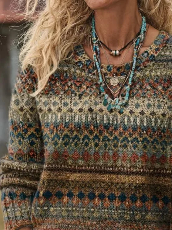 Yasmin | Women's Geometric Print Knit Sweater – Retro Crew Neck Pullover