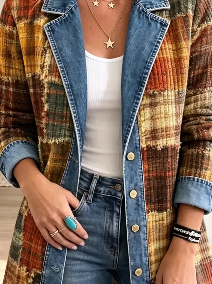 Nell | Women's Plaid Denim Winter Coat – Patchwork Lapel Button Coat