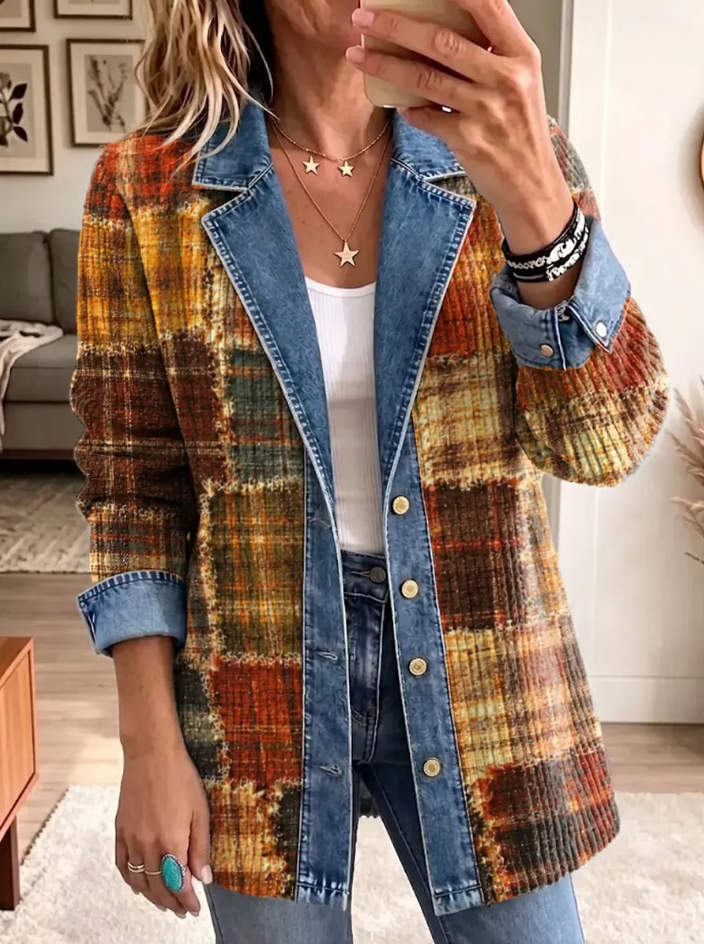 Nell | Women's Plaid Denim Winter Coat – Patchwork Lapel Button Coat