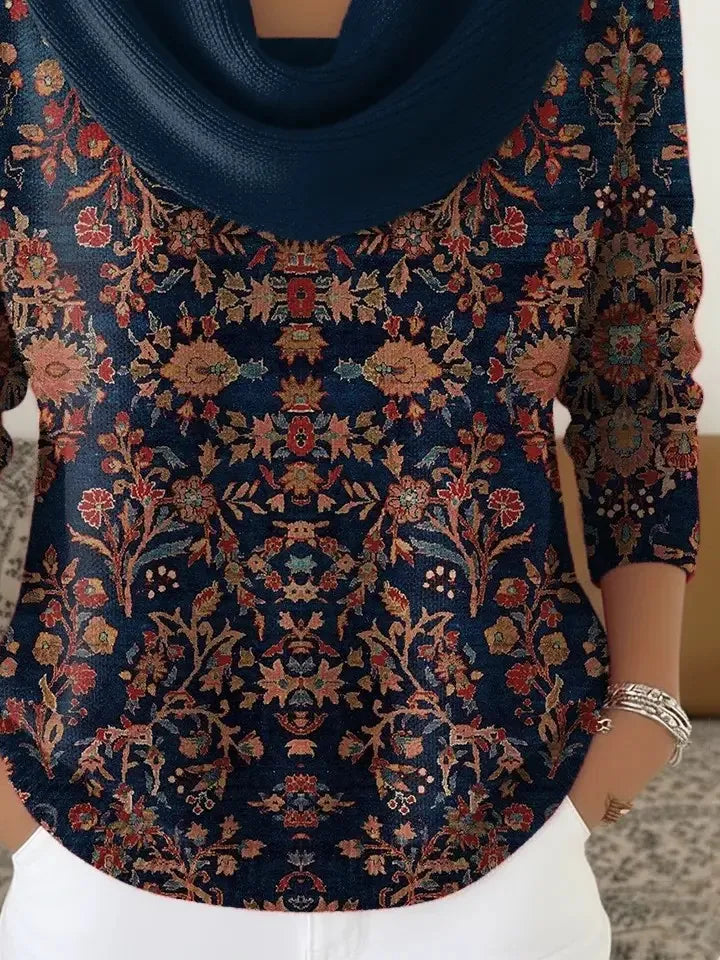 Gwen | Women's Cowl Neck Knit Sweater – Navy Floral Heavyweight Pullover