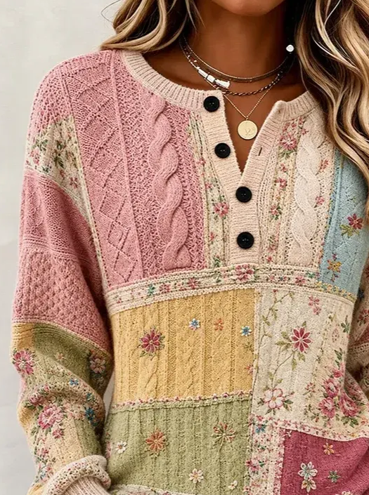 Nora | Women's Floral Patchwork Knit Sweater – Crew Neck Pullover