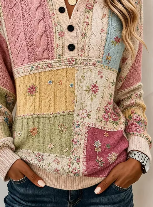 Nora | Women's Floral Patchwork Knit Sweater – Crew Neck Pullover