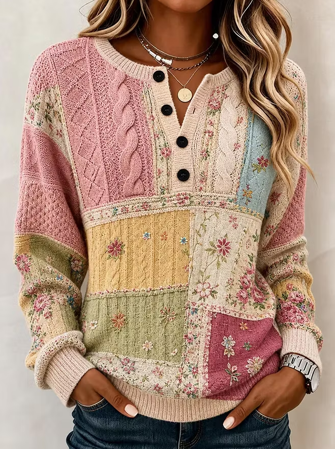 Nora | Women's Floral Patchwork Knit Sweater – Multicolour