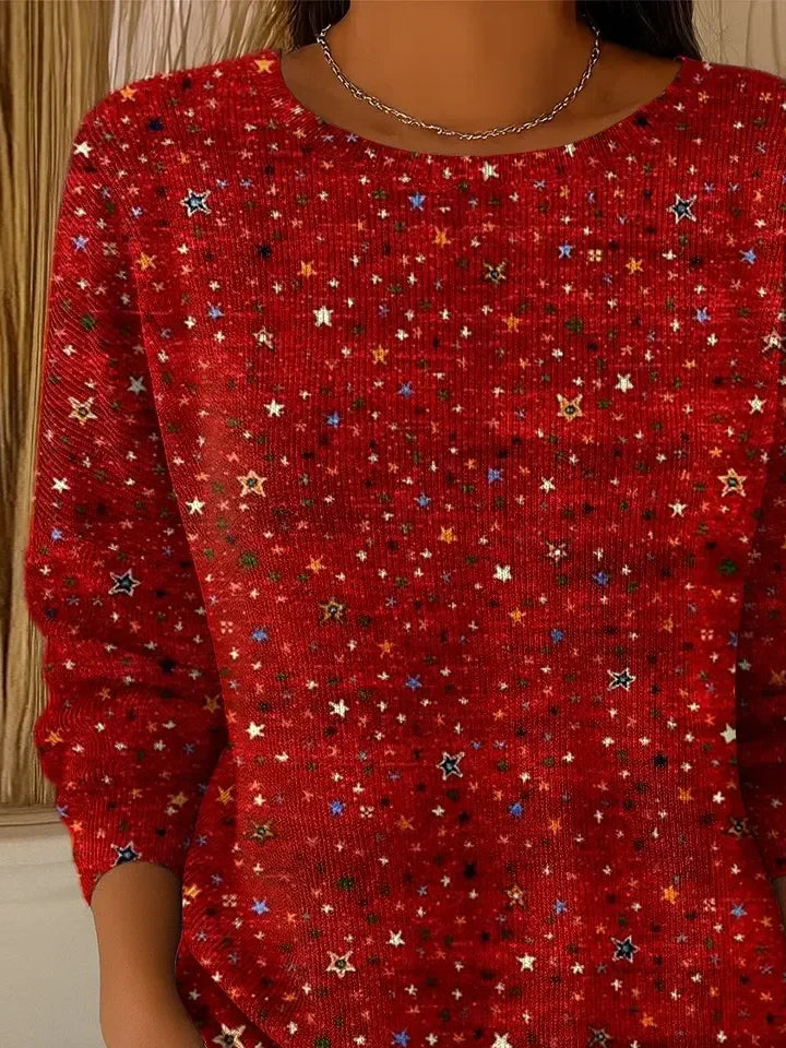 Brooke | Women's Red Star Print Knit Sweater – Relaxed Fit Pullover