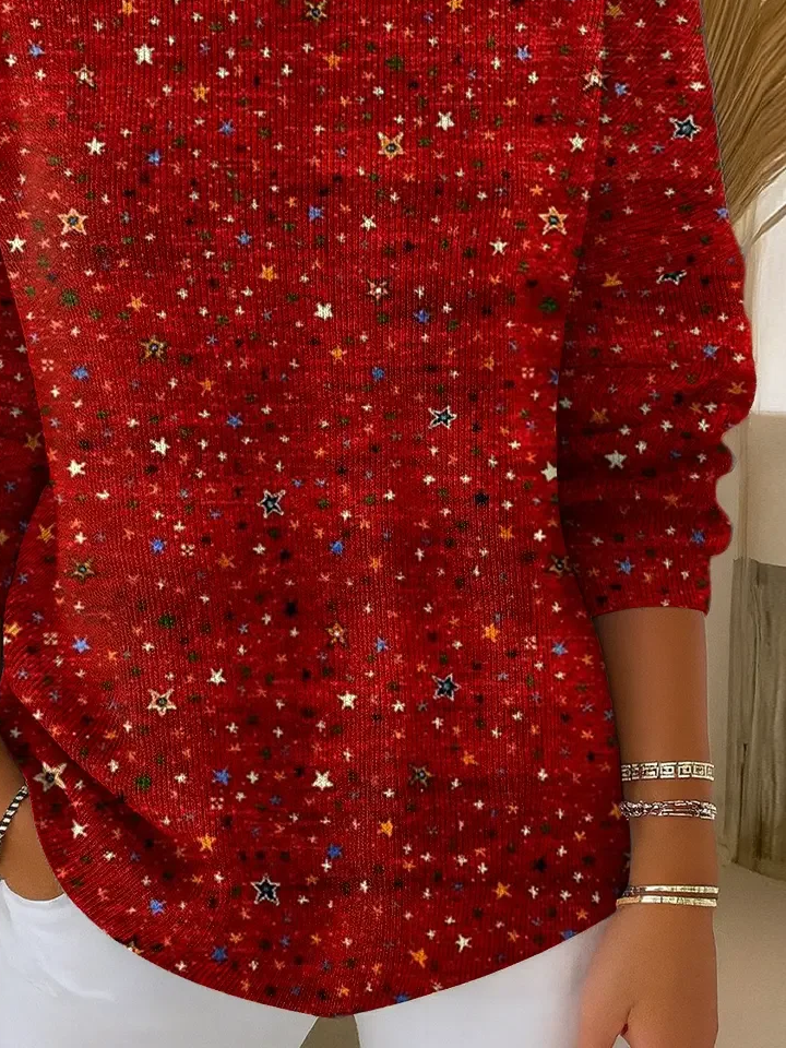 Brooke | Women's Red Star Print Knit Sweater – Relaxed Fit Pullover