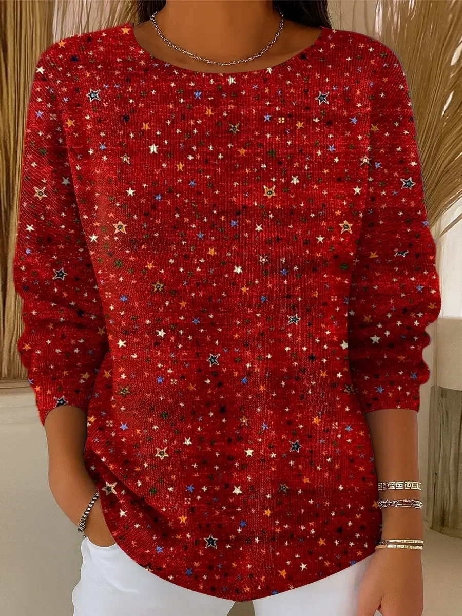 Brooke | Women's Red Star Print Knit Sweater – Relaxed Fit Pullover