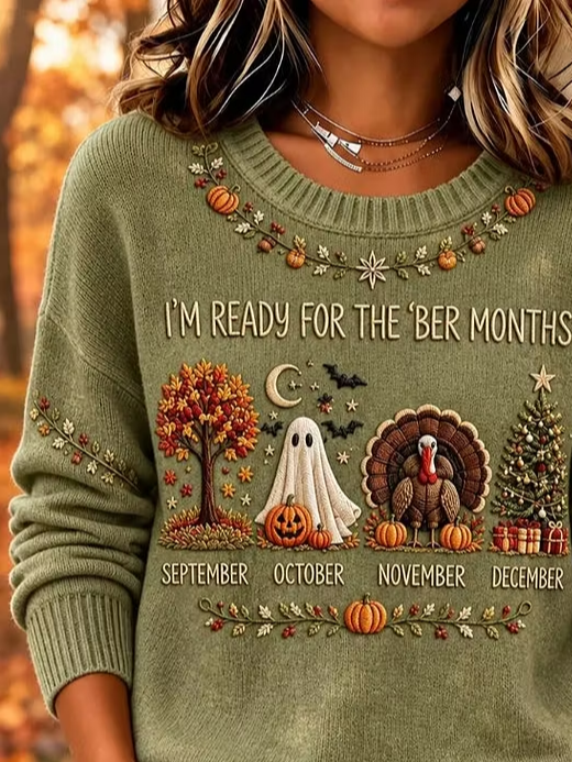 Fiona | Women's Pumpkin Print Waffle Knit Sweater – Crew Neck Pullover