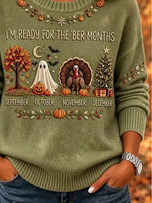 Fiona | Women's Pumpkin Print Waffle Knit Sweater – Crew Neck Pullover