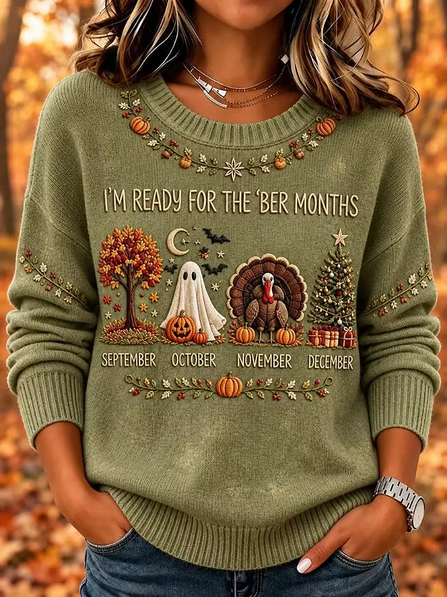 Fiona | Women's Pumpkin Print Waffle Knit Sweater – Green