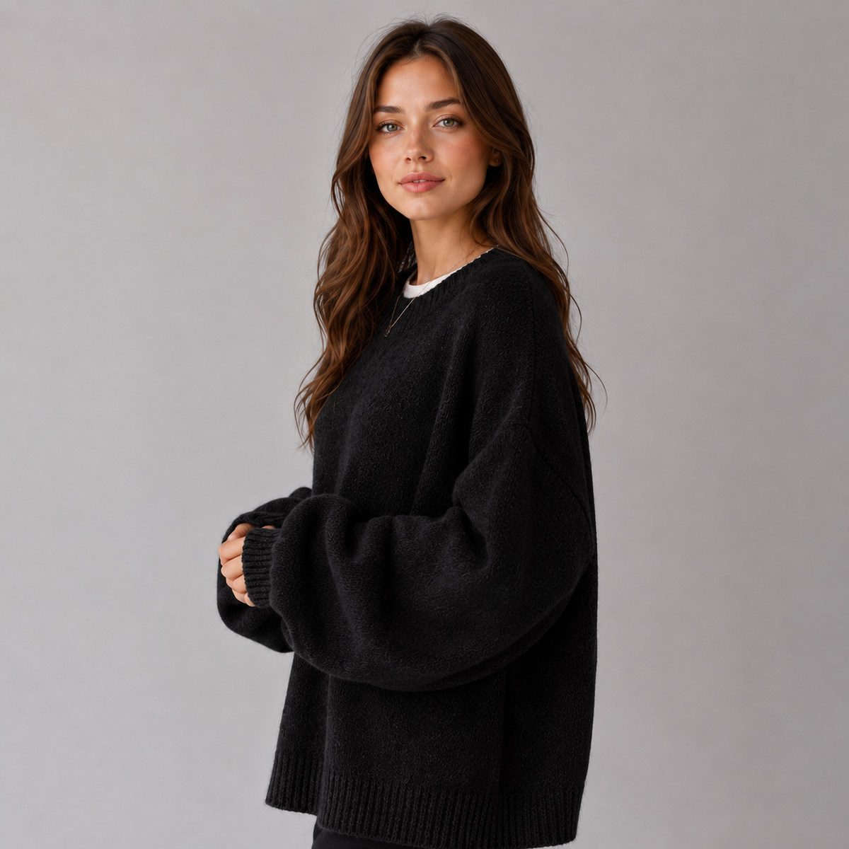 Ruby | Women's Split Hem Knit Sweater – Drop Shoulder Crew Neck Pullover