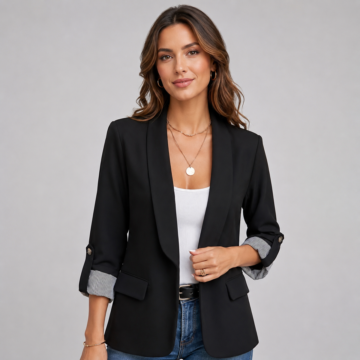 Ilse | Women's Ruched Sleeve Blazer – Open Front Three Quarter Sleeve Blazer