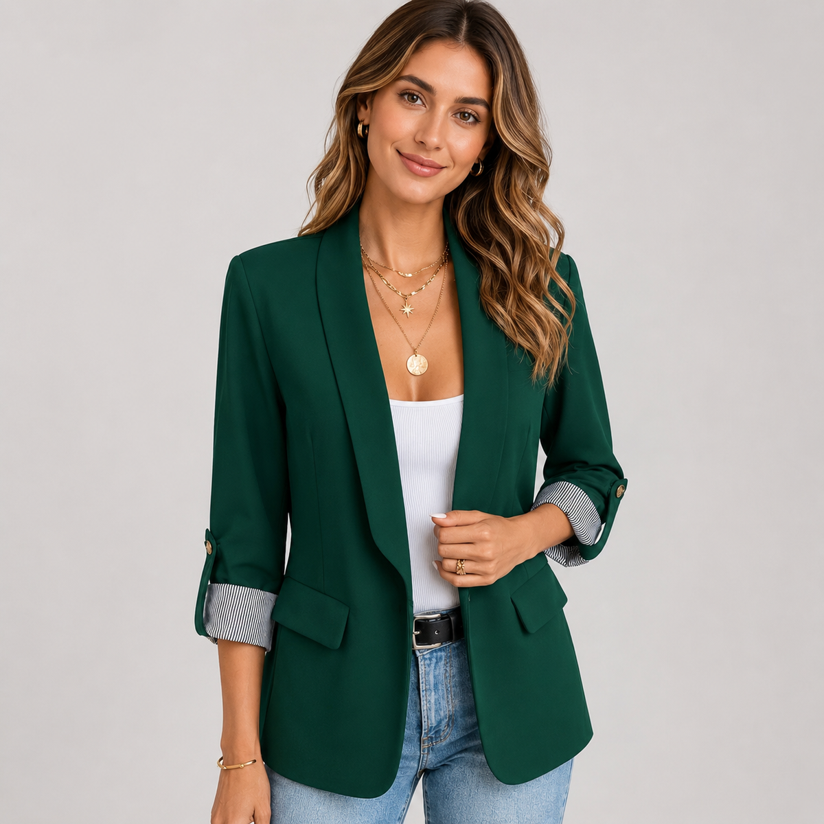 Ilse | Women's Ruched Sleeve Blazer – Open Front Three Quarter Sleeve Blazer